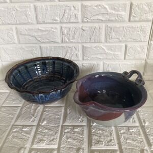 Lot Of 2 Glazed Pottery 9" Serving Bowl Earth Tones & Signed‎ 7" Pouring Bowl